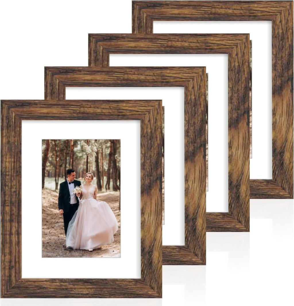 6X8 Picture Frame with Mat 4X6 - High Definition Real Glass Wooden Photo Frames for Tabletop Display and Wall Mounting (Brown, Set of 4)