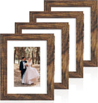 6X8 Picture Frame with Mat 4X6 - High Definition Real Glass Wooden Photo Frames for Tabletop Display and Wall Mounting (Brown, Set of 4)