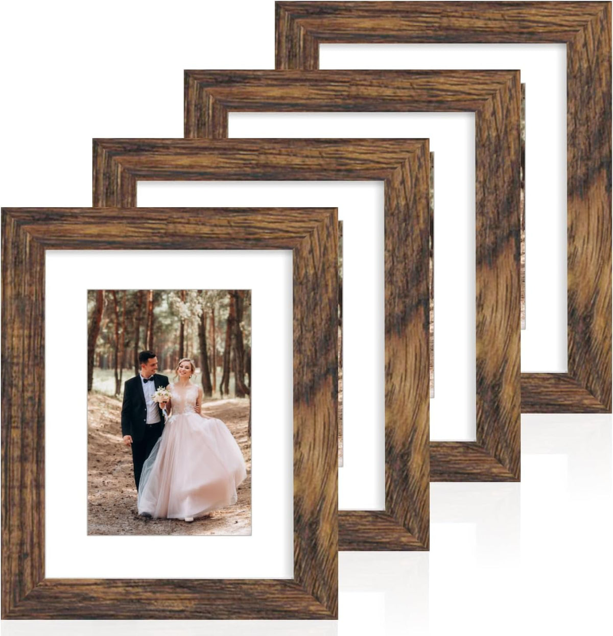 6X8 Picture Frame with Mat 4X6 - High Definition Real Glass Wooden Photo Frames for Tabletop Display and Wall Mounting (Brown, Set of 4)