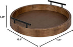 Lipton Modern round Wood Tray, 15.5" Diameter, Rustic Brown with Black Handles, Decorative Accent Tray for Storage and Display