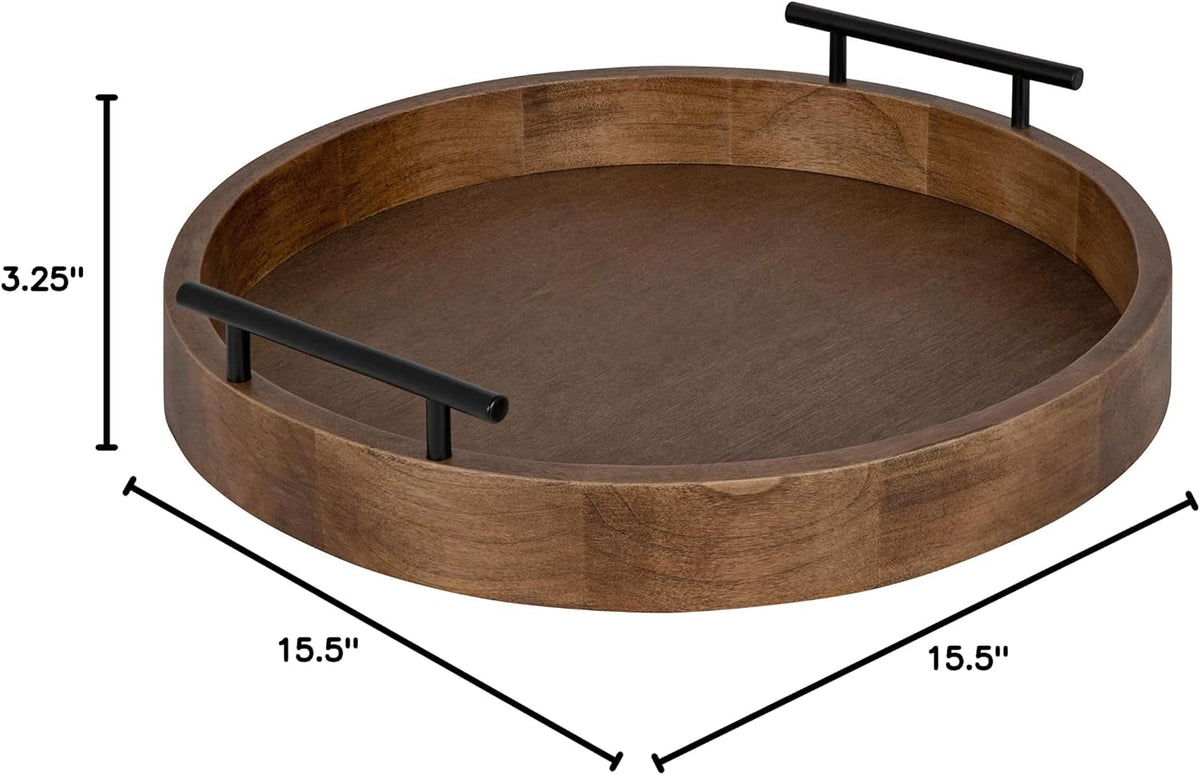 Lipton Modern round Wood Tray, 15.5" Diameter, Rustic Brown with Black Handles, Decorative Accent Tray for Storage and Display