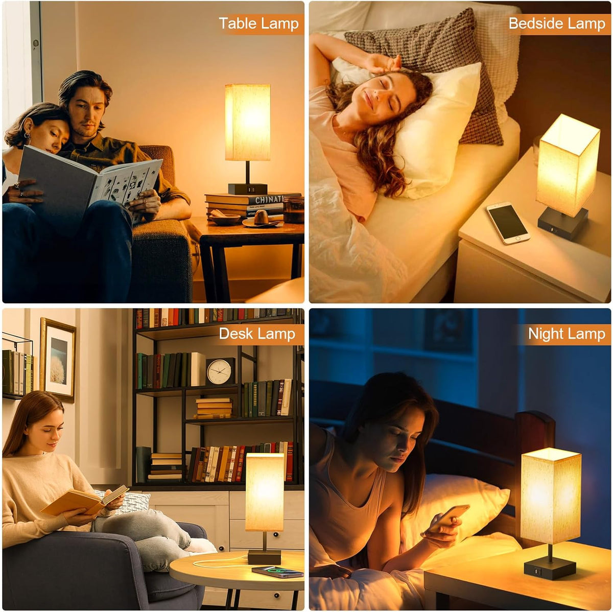 Bedside Table Lamp Touch Control with USB A+ C Nightstand Lamps