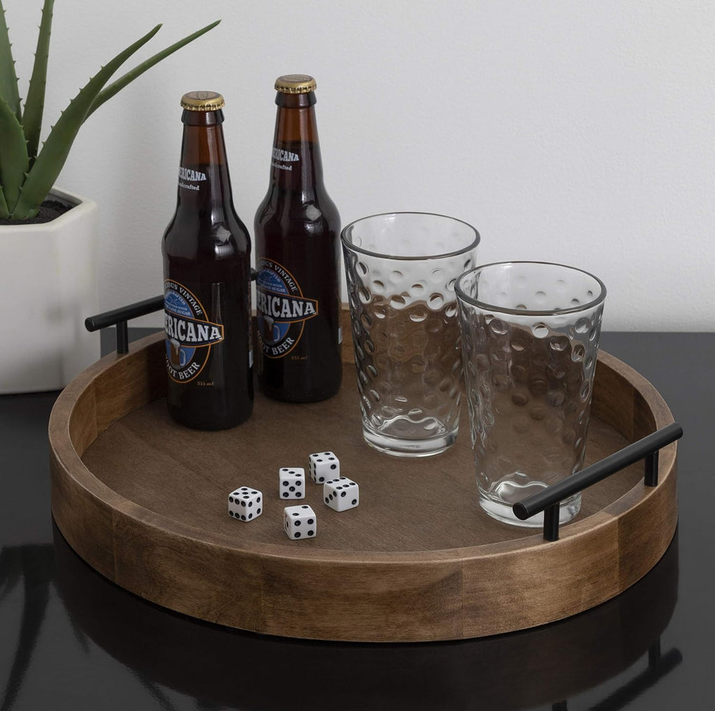 Lipton Modern round Wood Tray, 15.5" Diameter, Rustic Brown with Black Handles, Decorative Accent Tray for Storage and Display