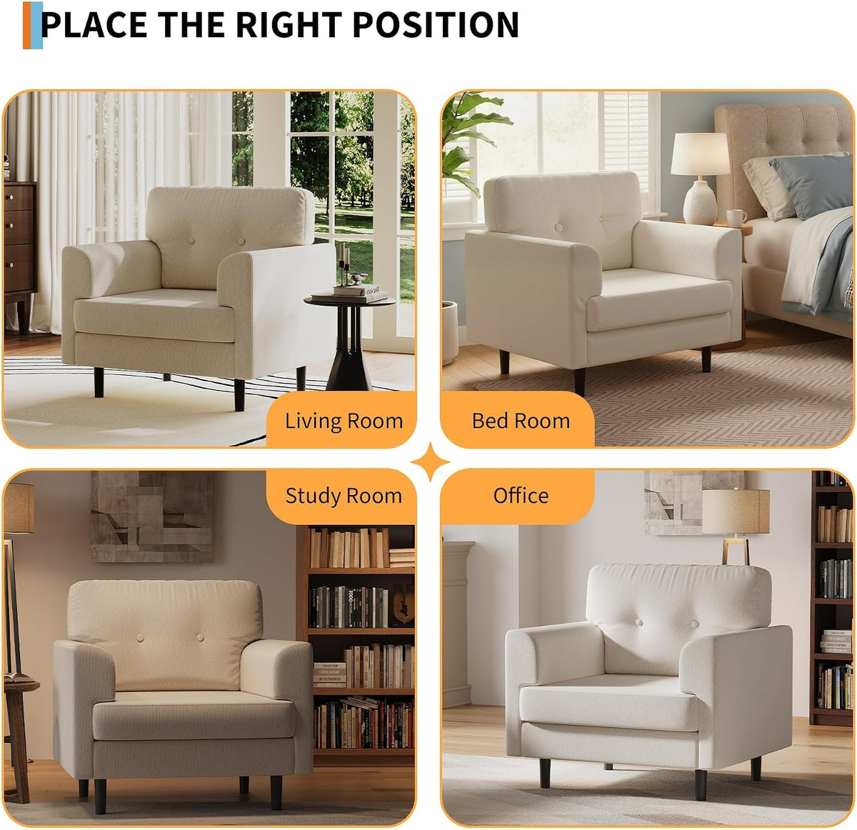 38" Modern Single Sofa Linen Upholstered Armrest Accent Chair with High-Density Foam & Fixed Armrests,Comfortable Armchair Upholstered Reading Chair for Living Room, Bedroom & Office,Beige