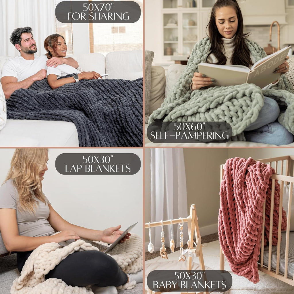 Chunky Knit Throw Blanket 50X30, Sandstone Brown Chenille Throw Blanket for Couch Bed Sofa, Soft Fluffy Cable Knit Blanket, Oeko-Tex Certified, Machine Washable