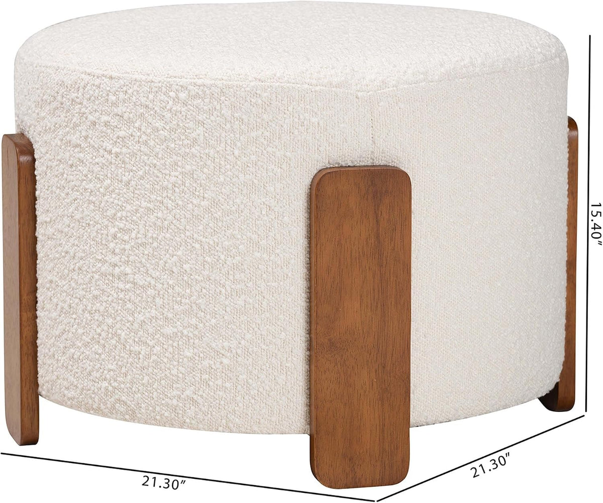 Finlay Modern Japandi Cream Boucle Fabric and Walnut Brown Finished Wood Ottoman Footstool