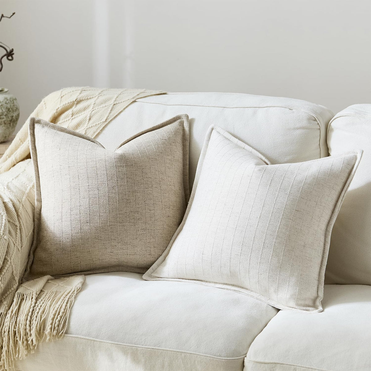 20X20 Linen Pillow Covers Natural Beige Pack of 2 Farmhouse Boho Neutral Accents Striped Textured Square Decorative Throw Pillow Cases for Living Room Couch Bed Home Decor
