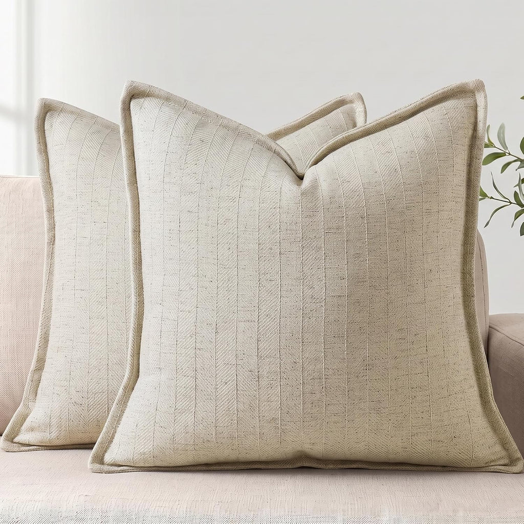 20X20 Linen Pillow Covers Natural Beige Pack of 2 Farmhouse Boho Neutral Accents Striped Textured Square Decorative Throw Pillow Cases for Living Room Couch Bed Home Decor