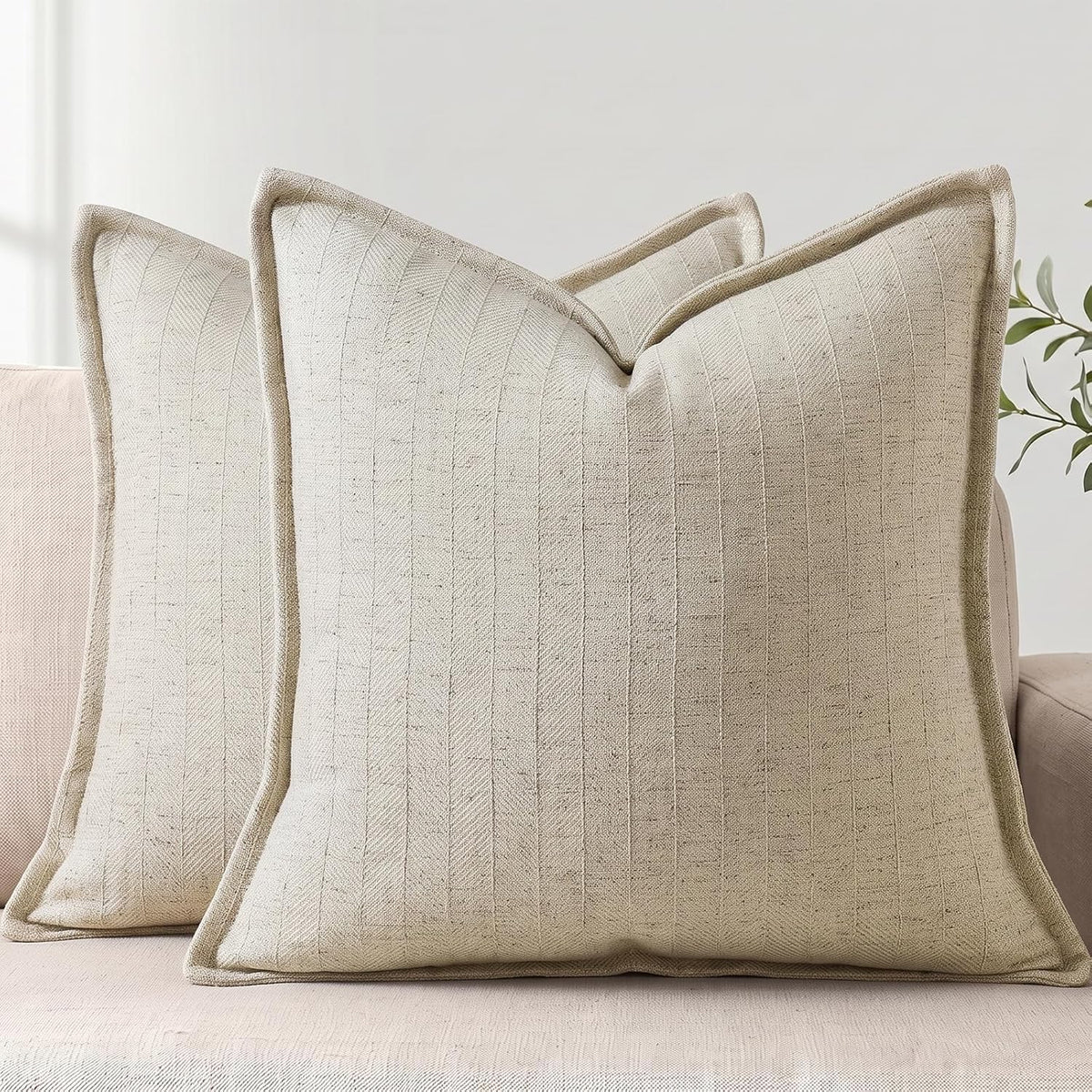 20X20 Linen Pillow Covers Natural Beige Pack of 2 Farmhouse Boho Neutral Accents Striped Textured Square Decorative Throw Pillow Cases for Living Room Couch Bed Home Decor