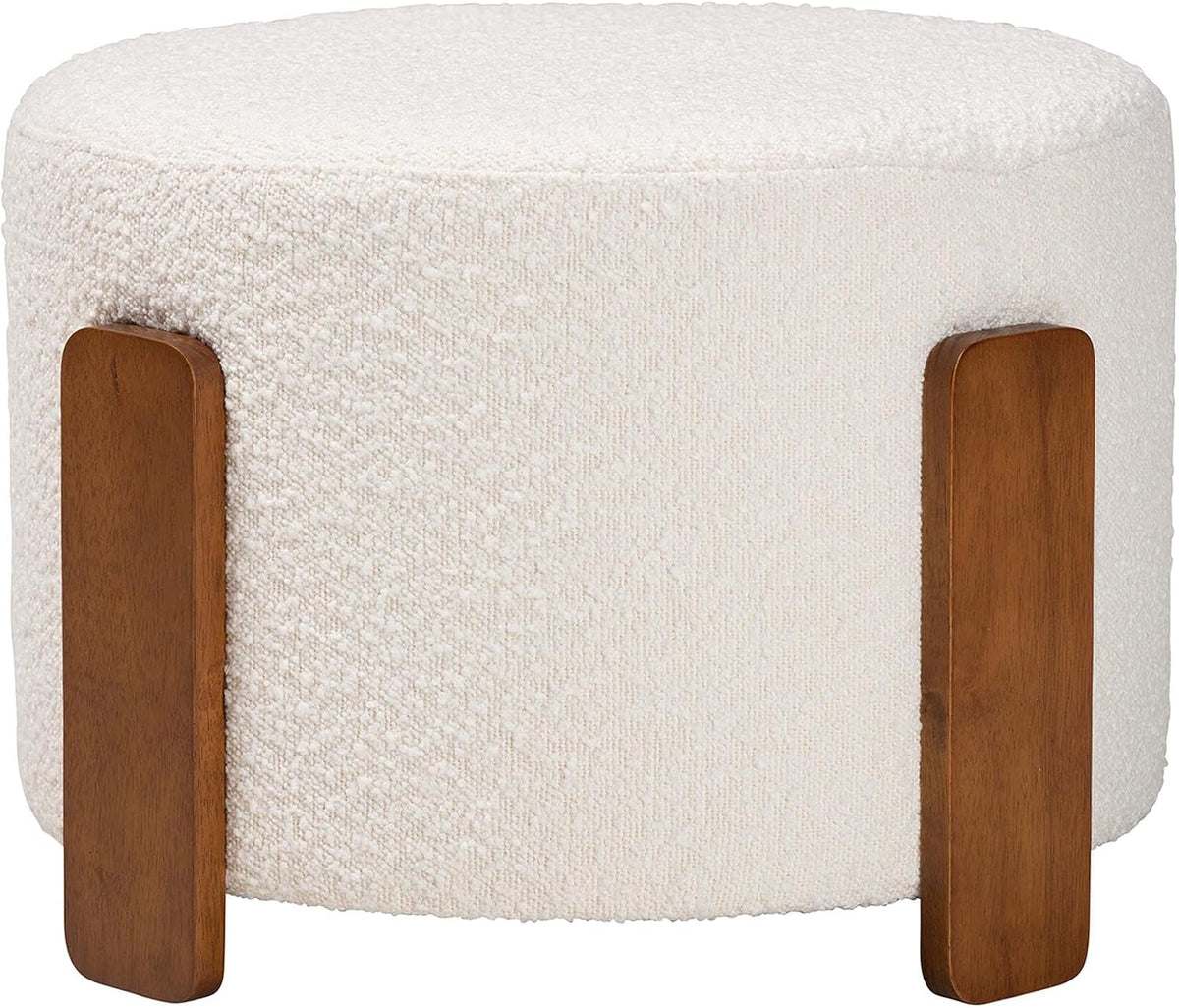 Finlay Modern Japandi Cream Boucle Fabric and Walnut Brown Finished Wood Ottoman Footstool