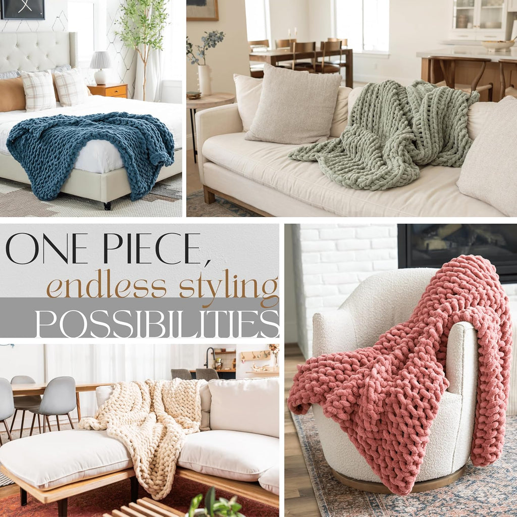 Chunky Knit Throw Blanket 50X30, Sandstone Brown Chenille Throw Blanket for Couch Bed Sofa, Soft Fluffy Cable Knit Blanket, Oeko-Tex Certified, Machine Washable