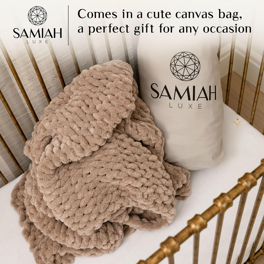 Chunky Knit Throw Blanket 50X30, Sandstone Brown Chenille Throw Blanket for Couch Bed Sofa, Soft Fluffy Cable Knit Blanket, Oeko-Tex Certified, Machine Washable
