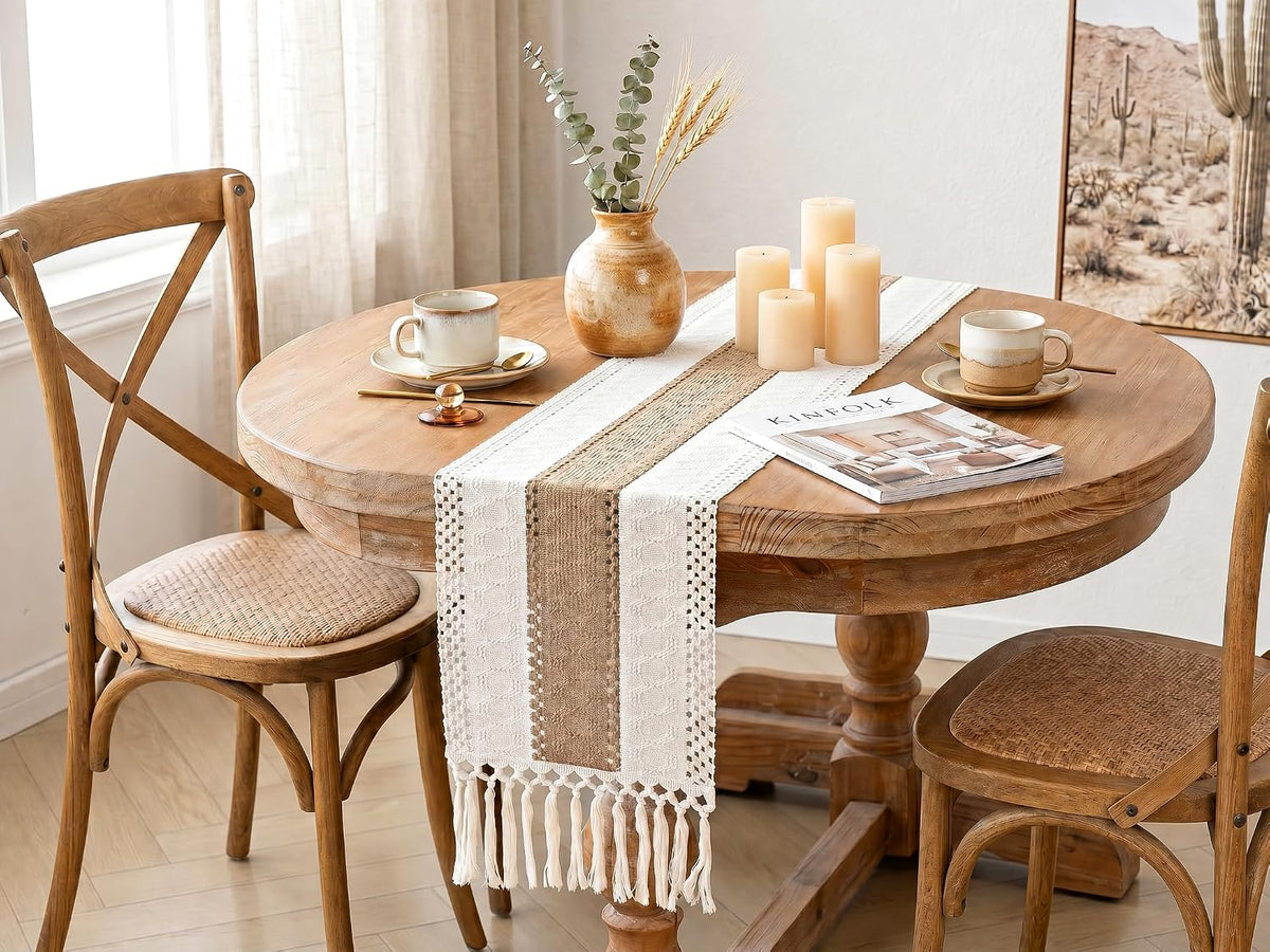 Boho Table Runner for Fall Home Decor 12X60 Rustic with Tassels