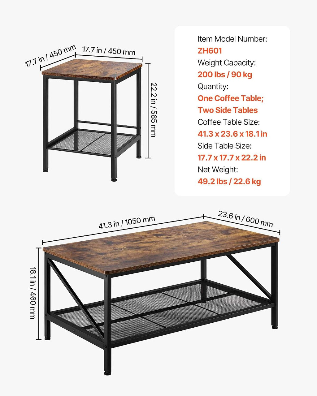 3 Pieces Living Room Table Sets, 41.3 in Industrial Coffee Table with 2 Square End Side Tables, Easy Assembly Coffee and End Tables Sets with Metal Legs, for Office, Living Room & Apartment
