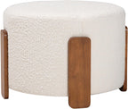 Finlay Modern Japandi Cream Boucle Fabric and Walnut Brown Finished Wood Ottoman Footstool