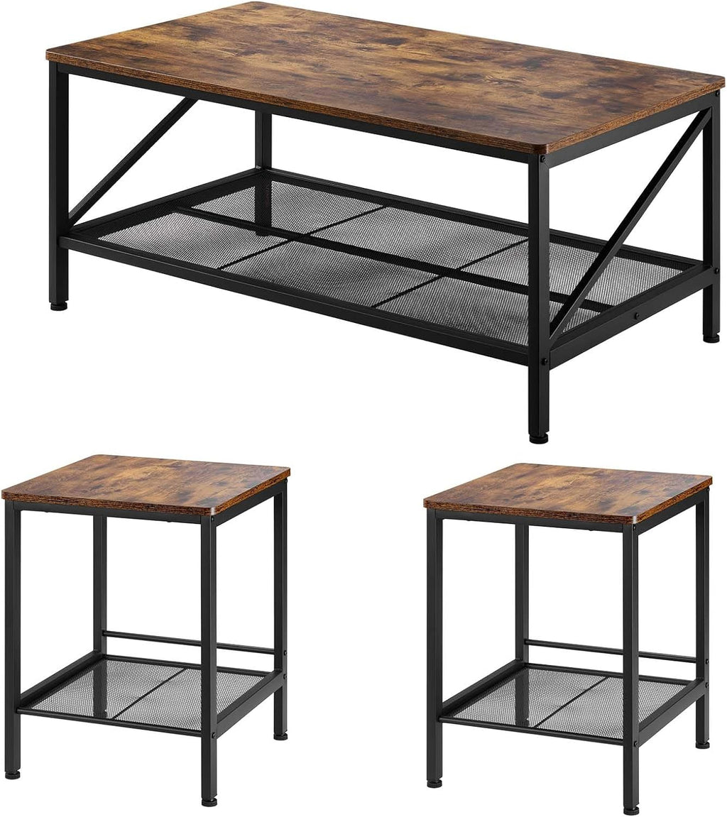 3 Pieces Living Room Table Sets, 41.3 in Industrial Coffee Table with 2 Square End Side Tables, Easy Assembly Coffee and End Tables Sets with Metal Legs, for Office, Living Room & Apartment
