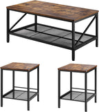3 Pieces Living Room Table Sets, 41.3 in Industrial Coffee Table with 2 Square End Side Tables, Easy Assembly Coffee and End Tables Sets with Metal Legs, for Office, Living Room & Apartment
