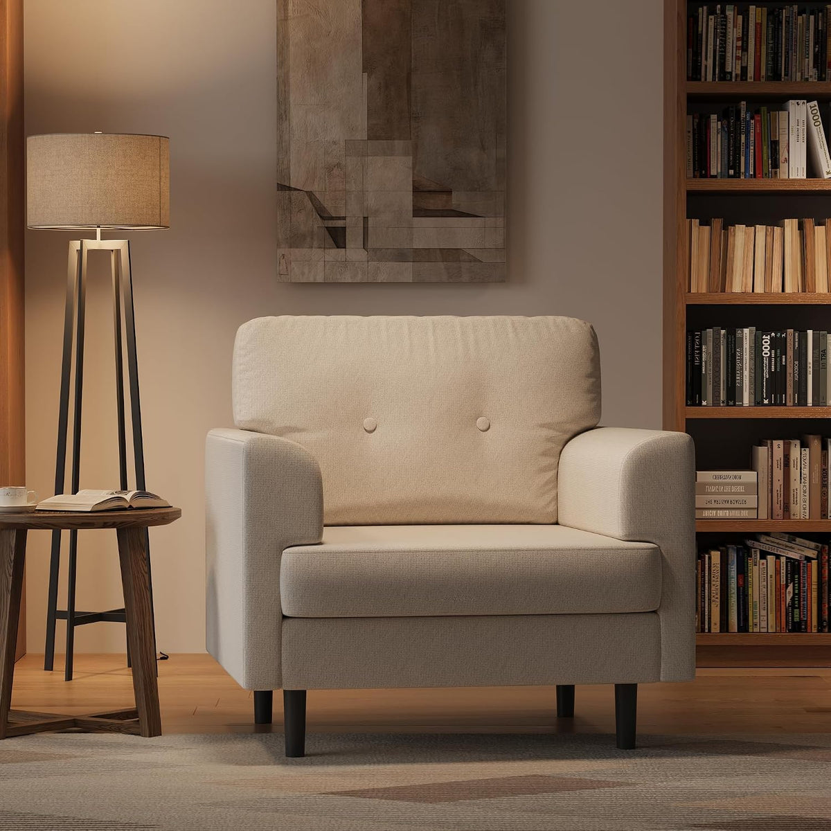 38" Modern Single Sofa Linen Upholstered Armrest Accent Chair with High-Density Foam & Fixed Armrests,Comfortable Armchair Upholstered Reading Chair for Living Room, Bedroom & Office,Beige