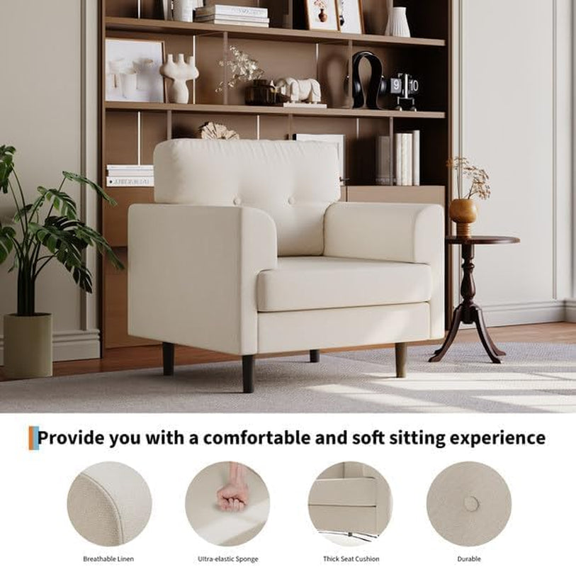 38" Modern Single Sofa Linen Upholstered Armrest Accent Chair with High-Density Foam & Fixed Armrests,Comfortable Armchair Upholstered Reading Chair for Living Room, Bedroom & Office,Beige