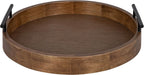 Lipton Modern round Wood Tray, 15.5" Diameter, Rustic Brown with Black Handles, Decorative Accent Tray for Storage and Display