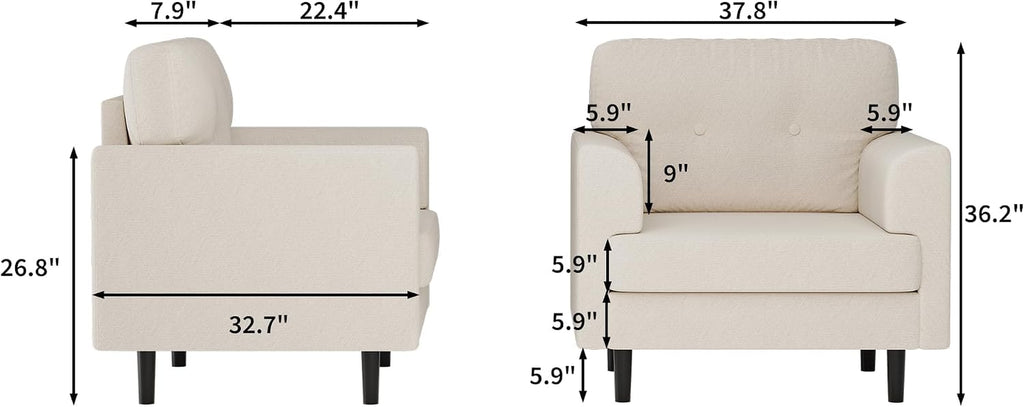 38" Modern Single Sofa Linen Upholstered Armrest Accent Chair with High-Density Foam & Fixed Armrests,Comfortable Armchair Upholstered Reading Chair for Living Room, Bedroom & Office,Beige