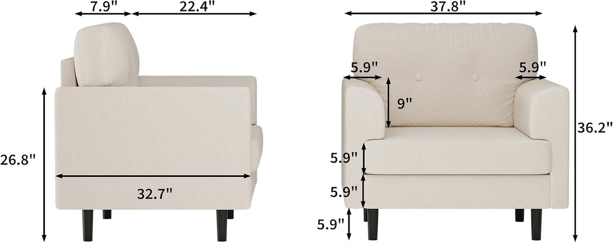 38" Modern Single Sofa Linen Upholstered Armrest Accent Chair with High-Density Foam & Fixed Armrests,Comfortable Armchair Upholstered Reading Chair for Living Room, Bedroom & Office,Beige