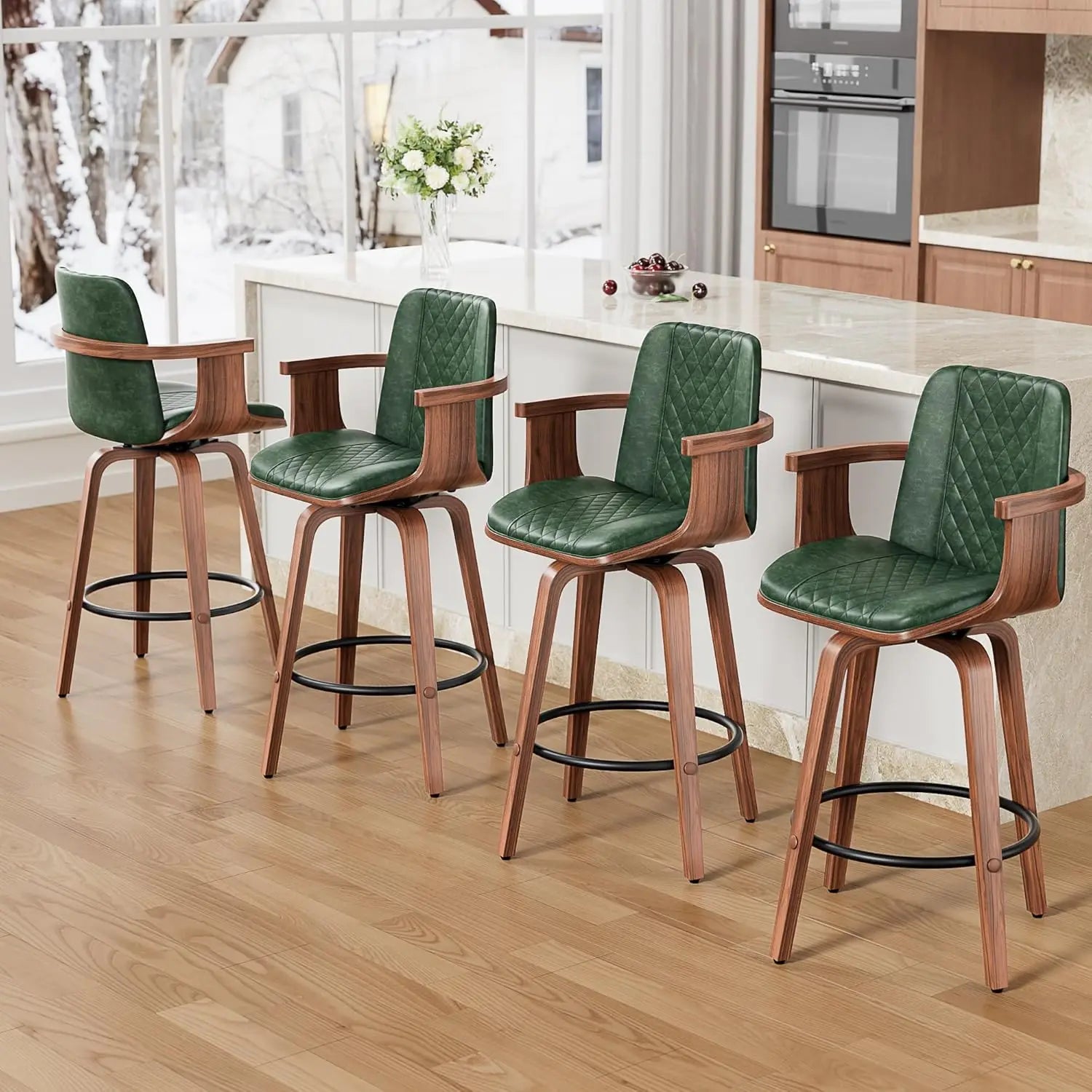 Mid-Century Bentwood Bar Stools — Set of 4 with Arms & Swivel