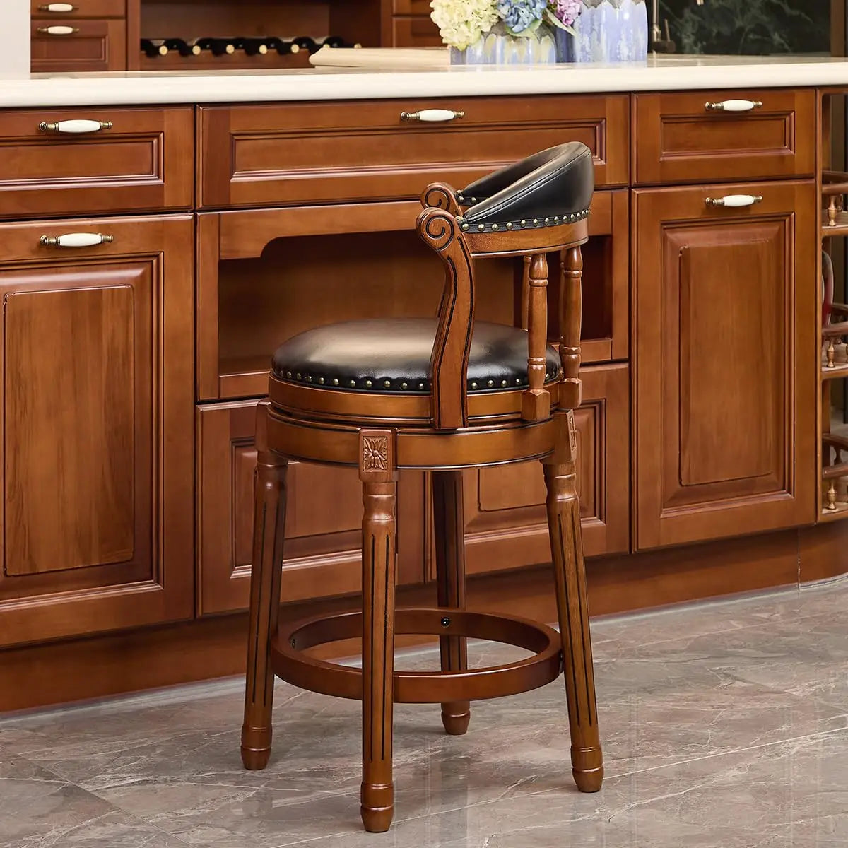 Cow Top Leather Bar Stool — 29.5" Swivel Chair with Back