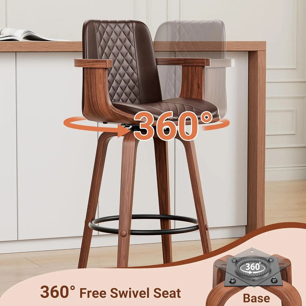 Mid-Century Bentwood Bar Stools — Set of 4 with Arms & Swivel