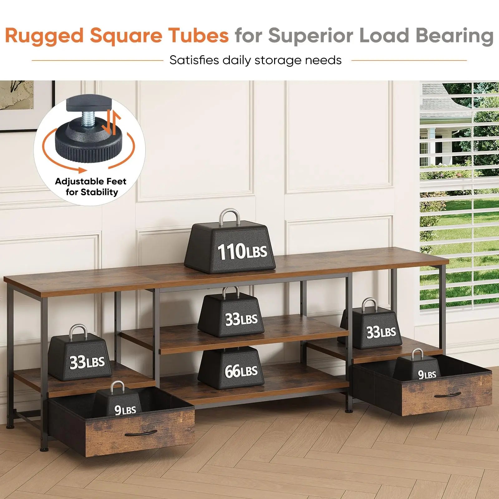 The Storage TV Stand — 63" with Charging Ports & Fabric Drawers