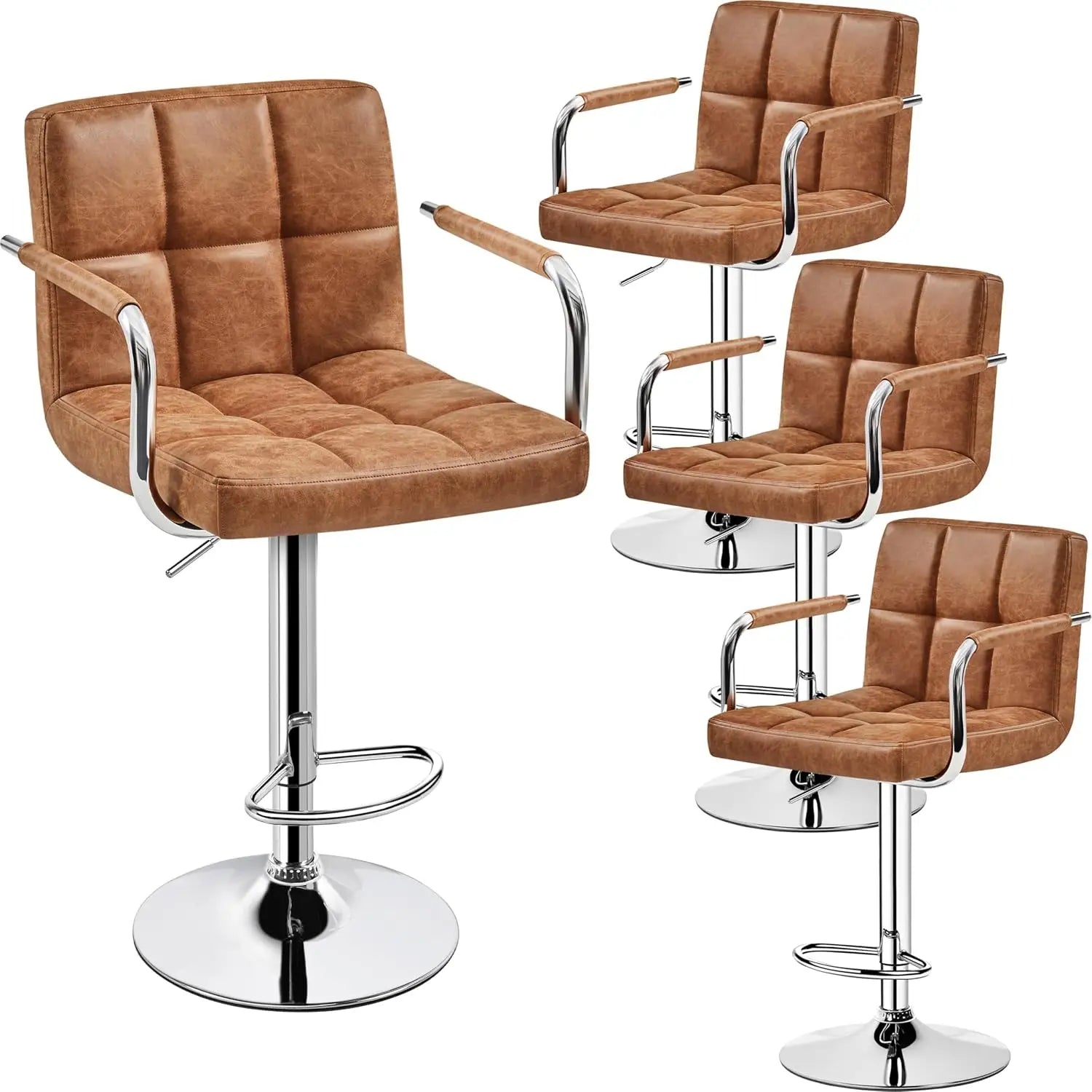 Adjustable PU Leather Bar Stools — Set of 4 with Armrest & Footrest