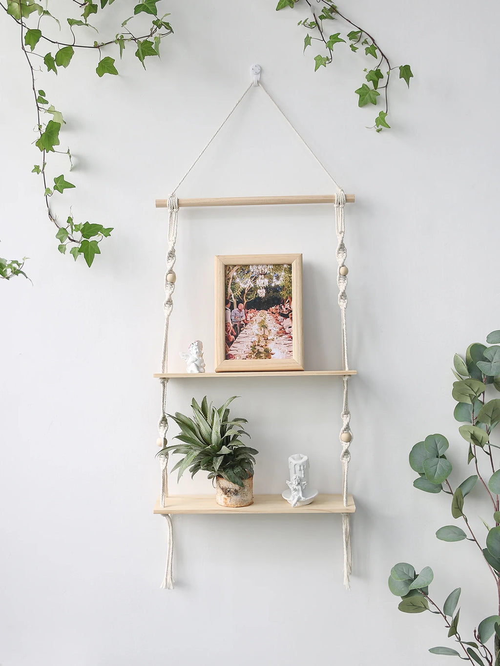 Boho macrame wood wall shelf for plants and decor