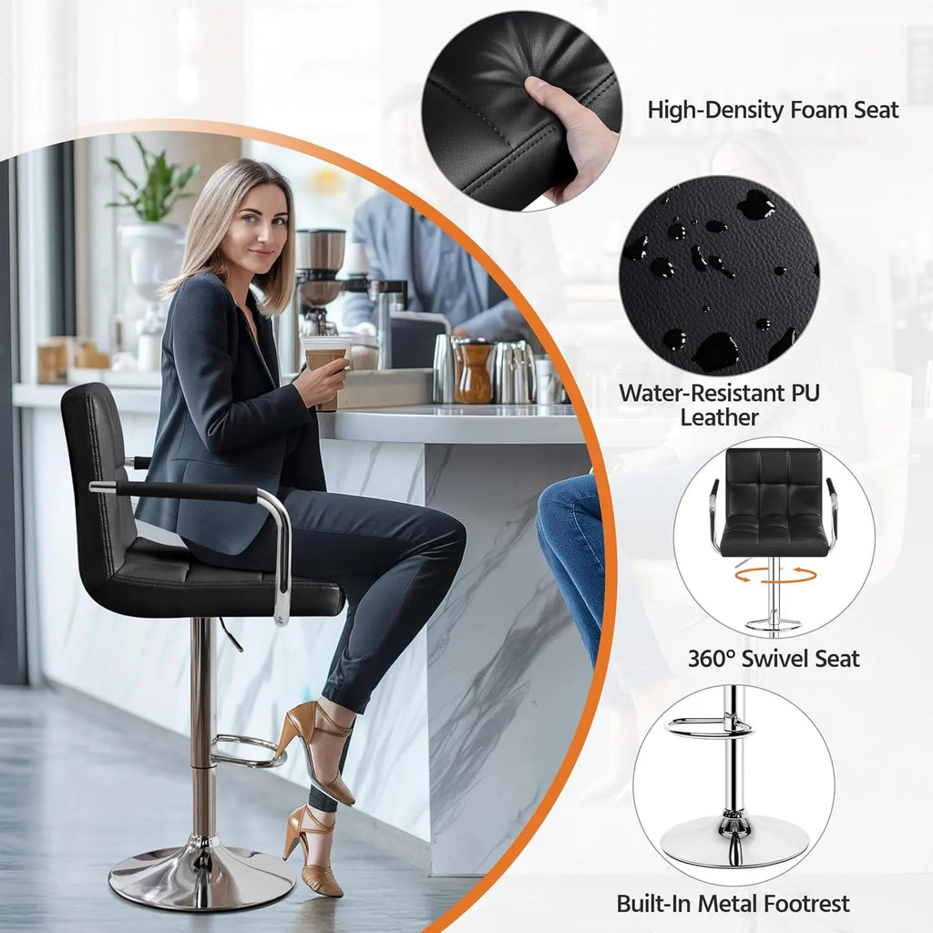Adjustable PU Leather Bar Stools — Set of 4 with Armrest & Footrest