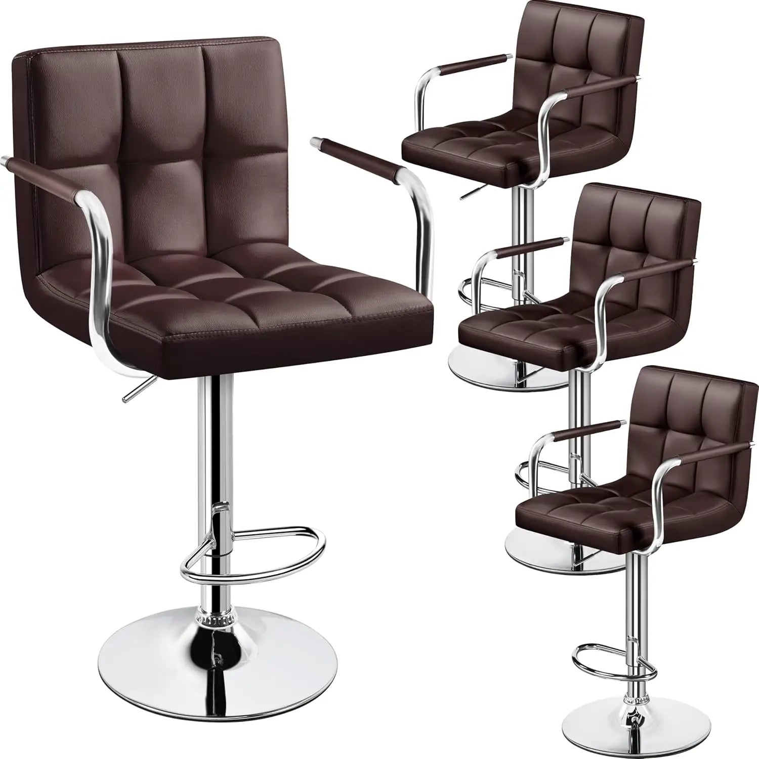 Adjustable PU Leather Bar Stools — Set of 4 with Armrest & Footrest