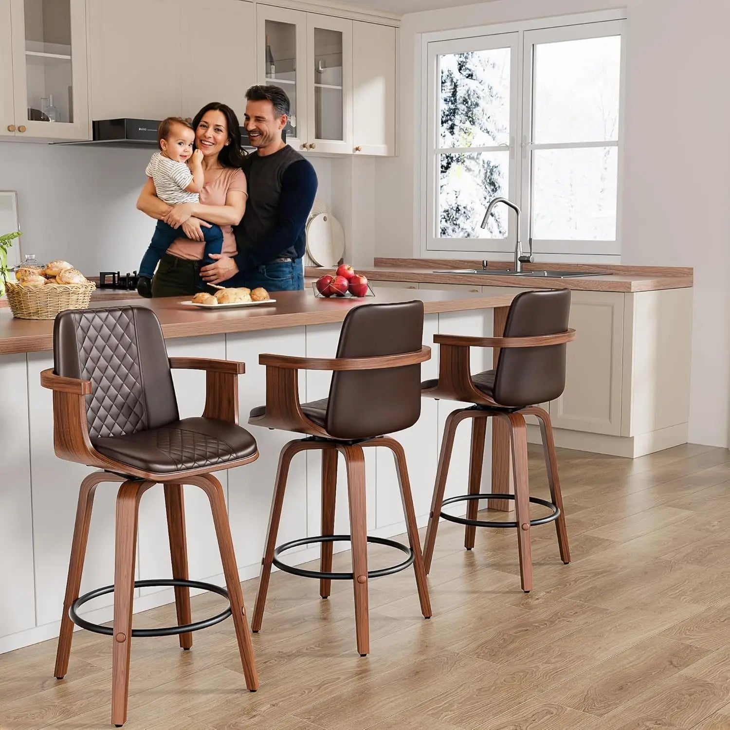 Mid-Century Bentwood Bar Stools — Set of 4 with Arms & Swivel