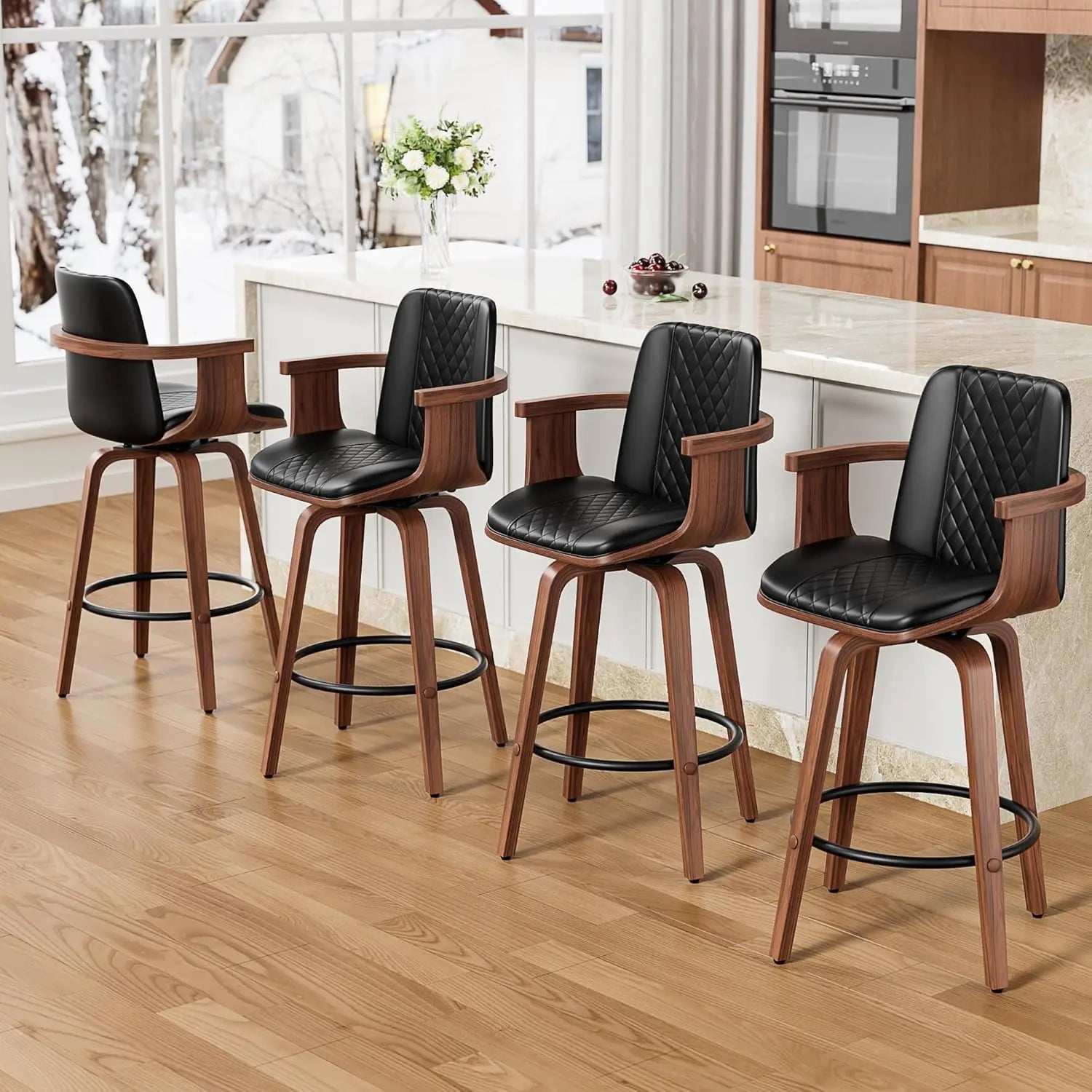 Mid-Century Bentwood Bar Stools — Set of 4 with Arms & Swivel
