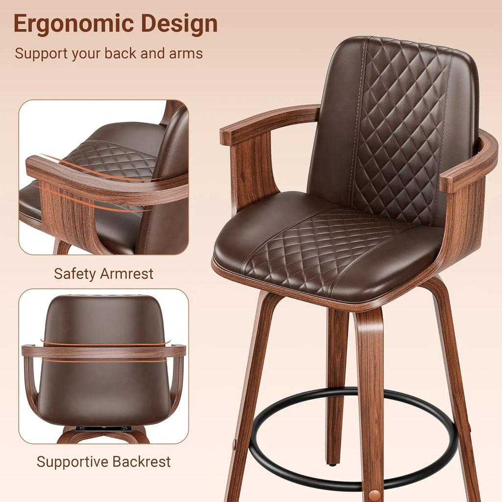 Mid-Century Bentwood Bar Stools — Set of 4 with Arms & Swivel