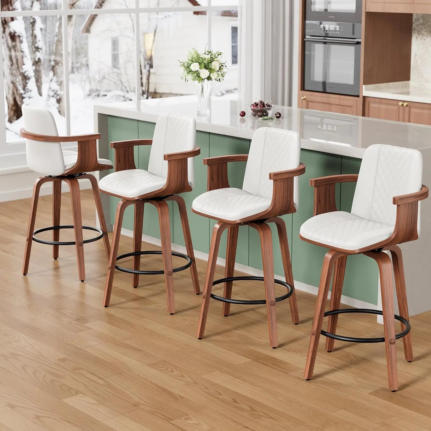 Mid-Century Bentwood Bar Stools — Set of 4 with Arms & Swivel