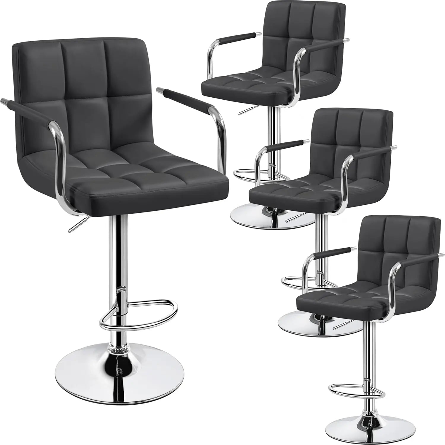 Adjustable PU Leather Bar Stools — Set of 4 with Armrest & Footrest
