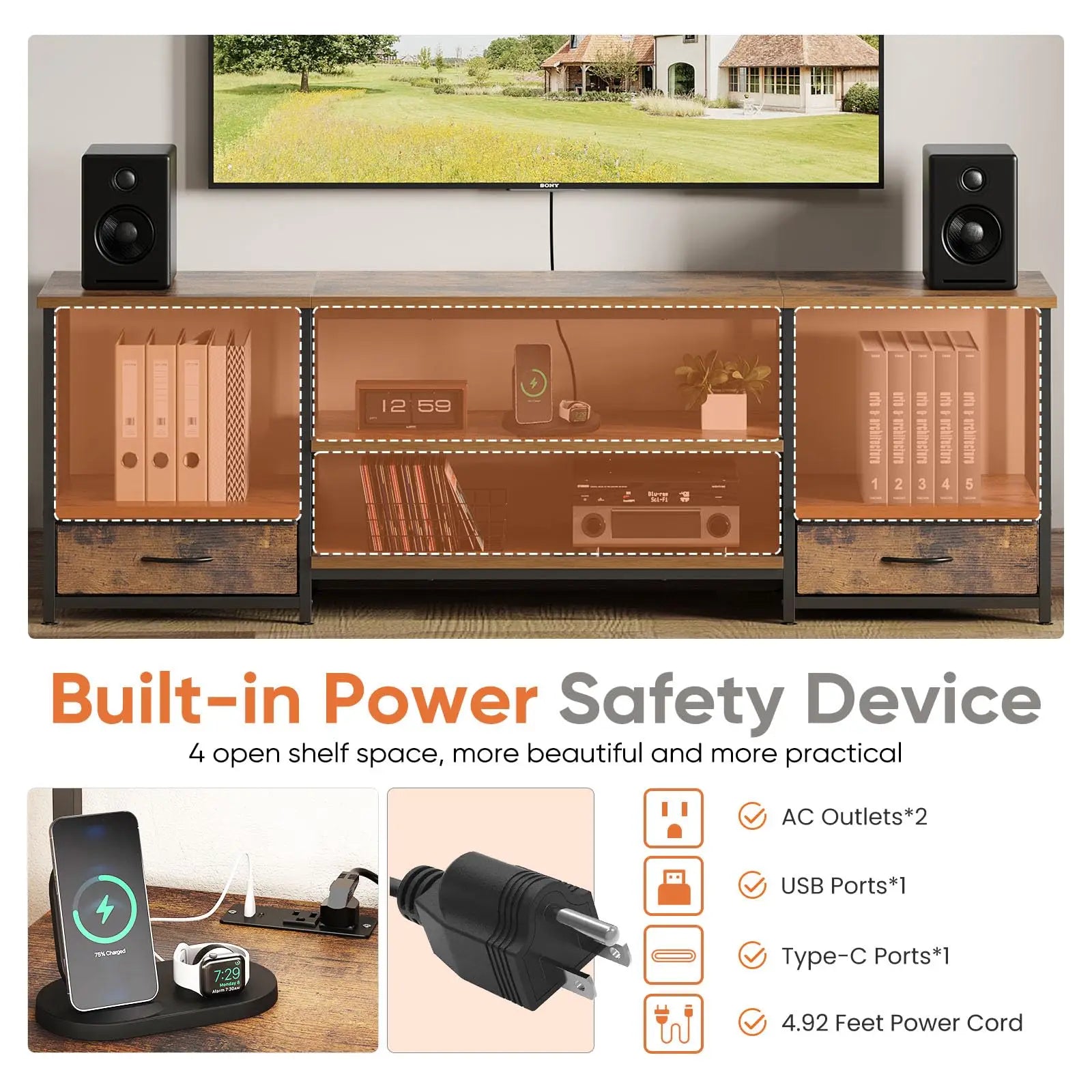 The Storage TV Stand — 63" with Charging Ports & Fabric Drawers