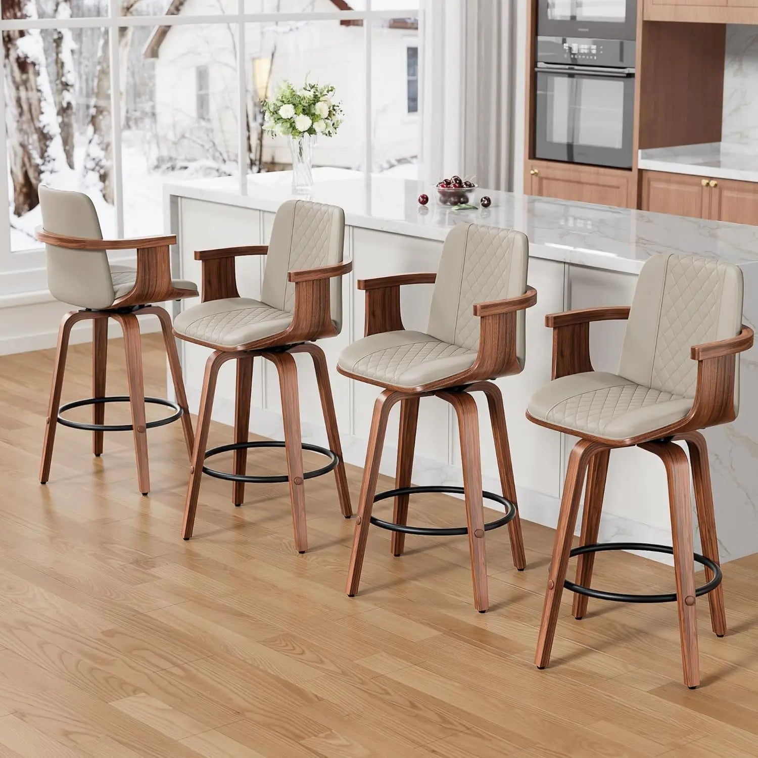 Mid-Century Bentwood Bar Stools — Set of 4 with Arms & Swivel