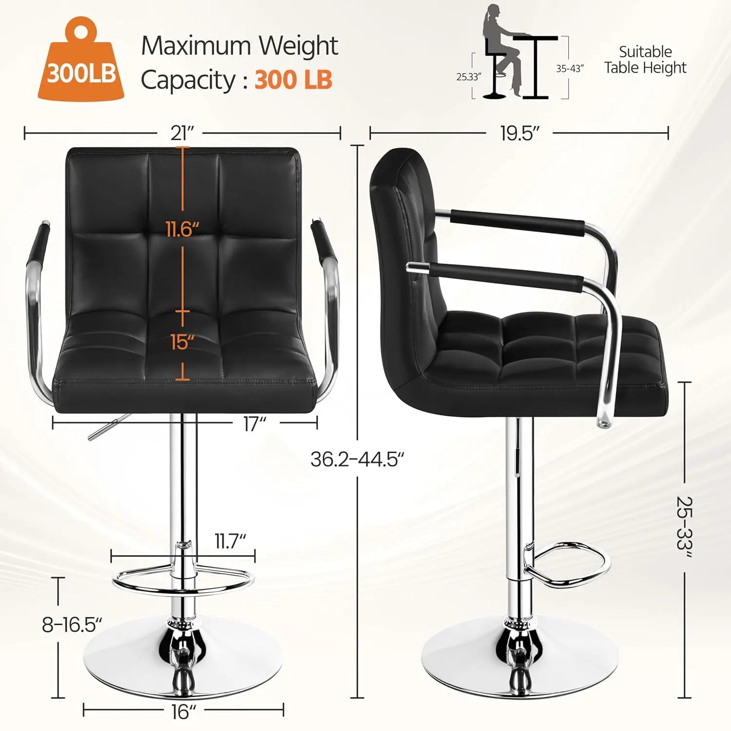Adjustable PU Leather Bar Stools — Set of 4 with Armrest & Footrest