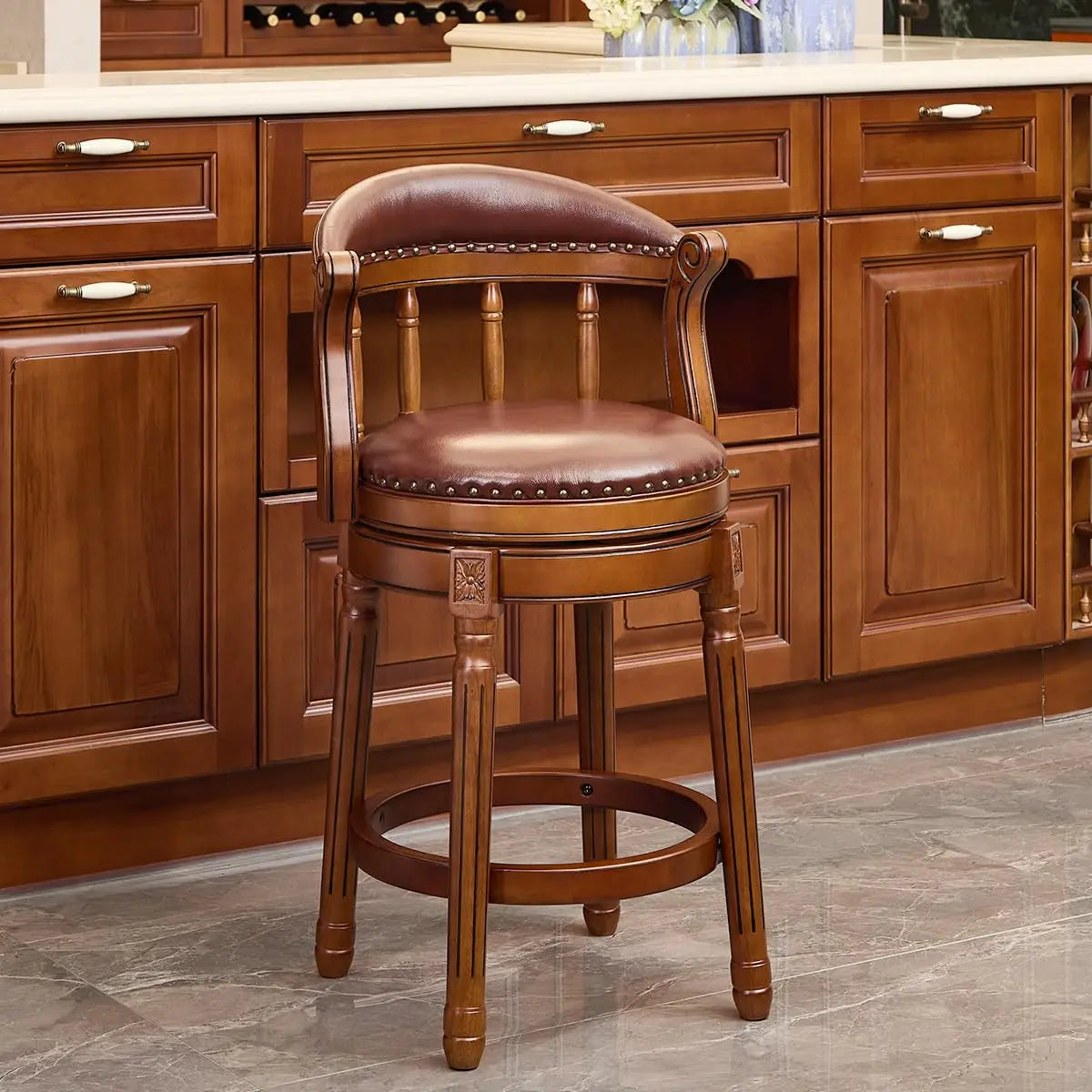 Cow Top Leather Bar Stool — 29.5" Swivel Chair with Back