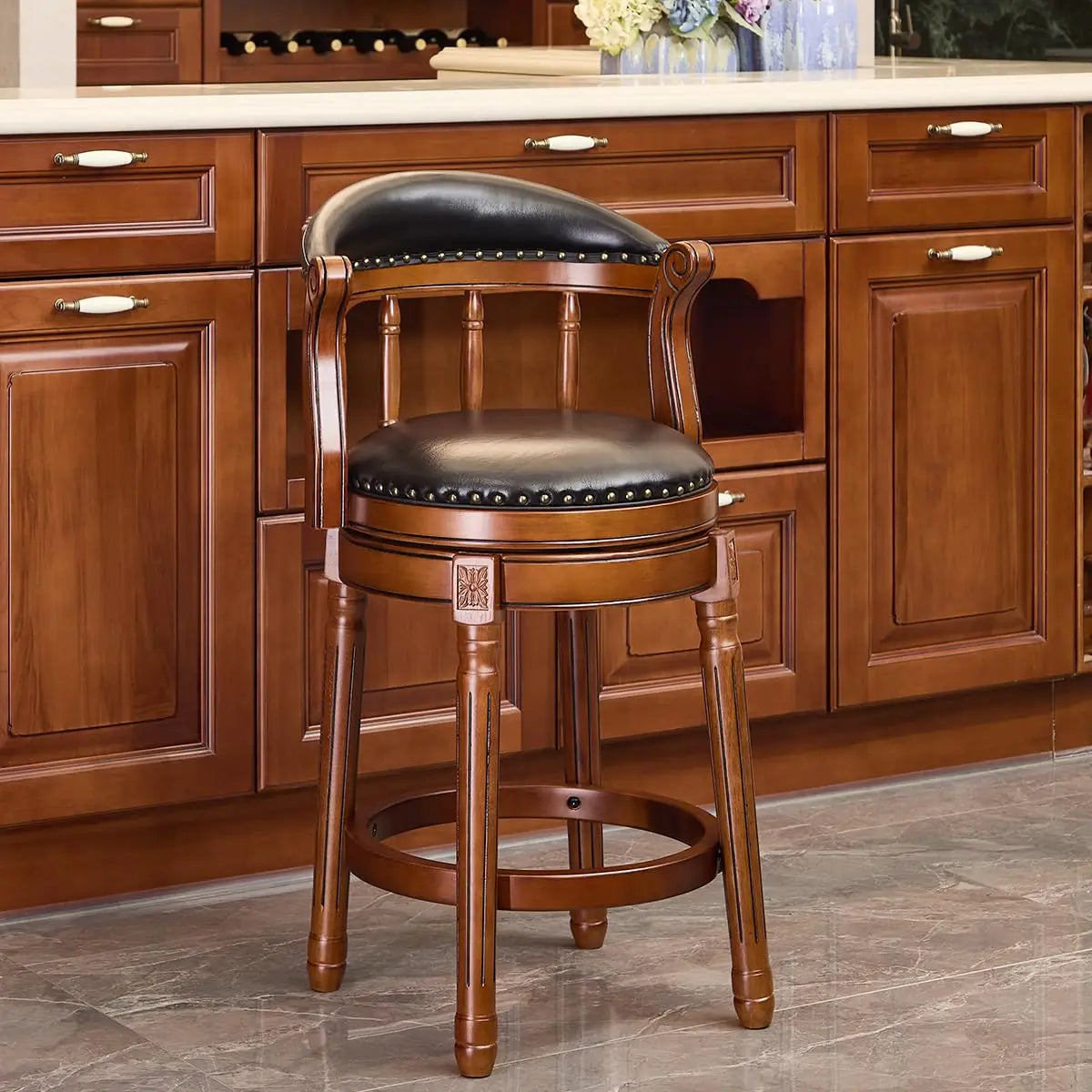 Cow Top Leather Bar Stool — 29.5" Swivel Chair with Back