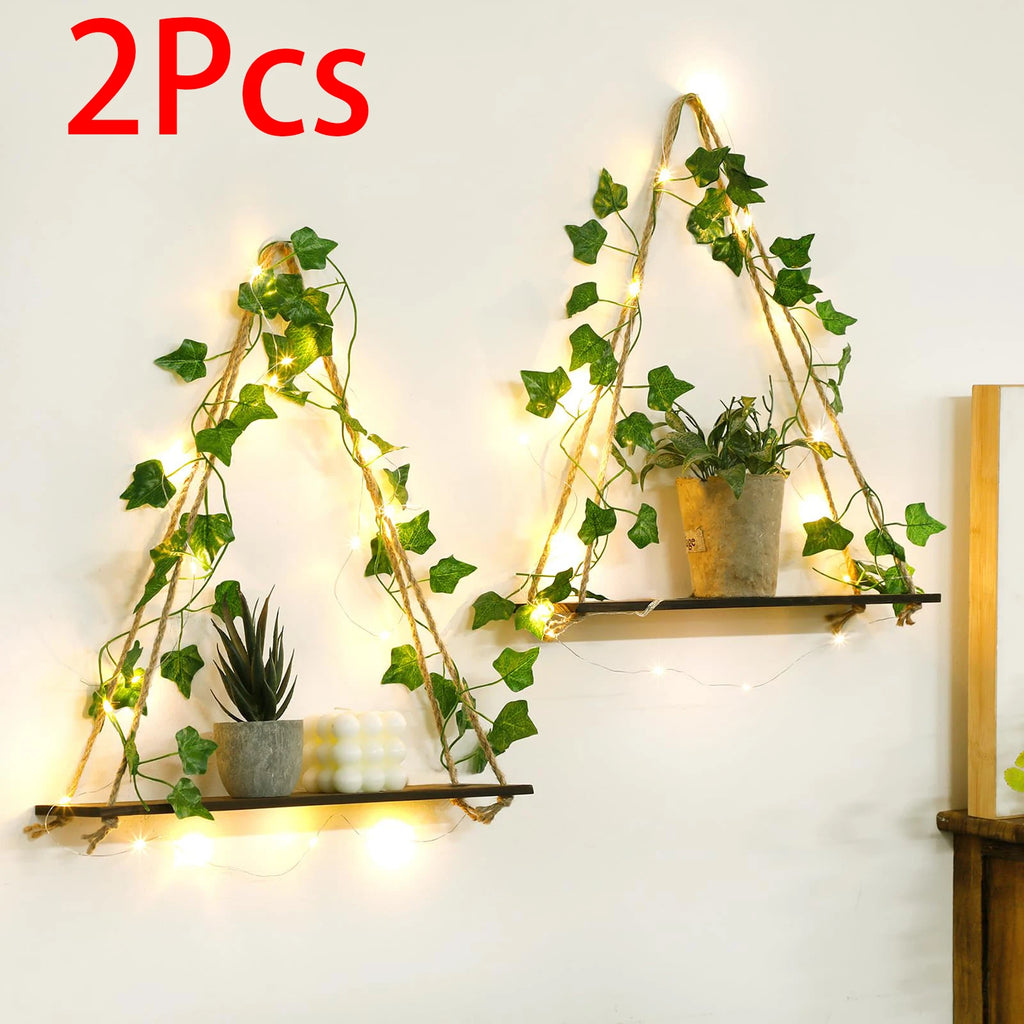 Boho macrame wood wall shelf for plants and decor