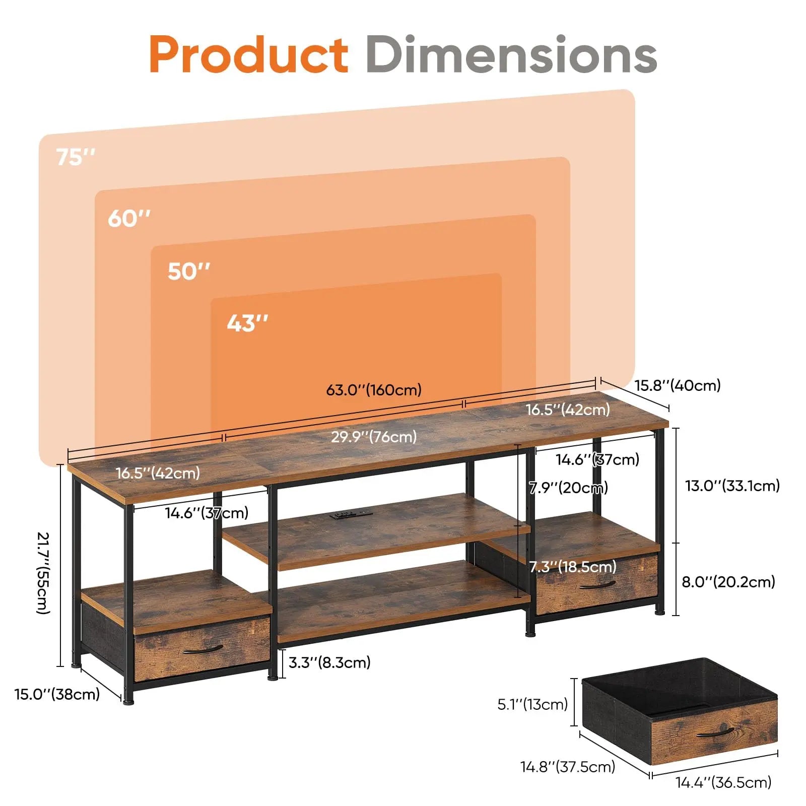 The Storage TV Stand — 63" with Charging Ports & Fabric Drawers