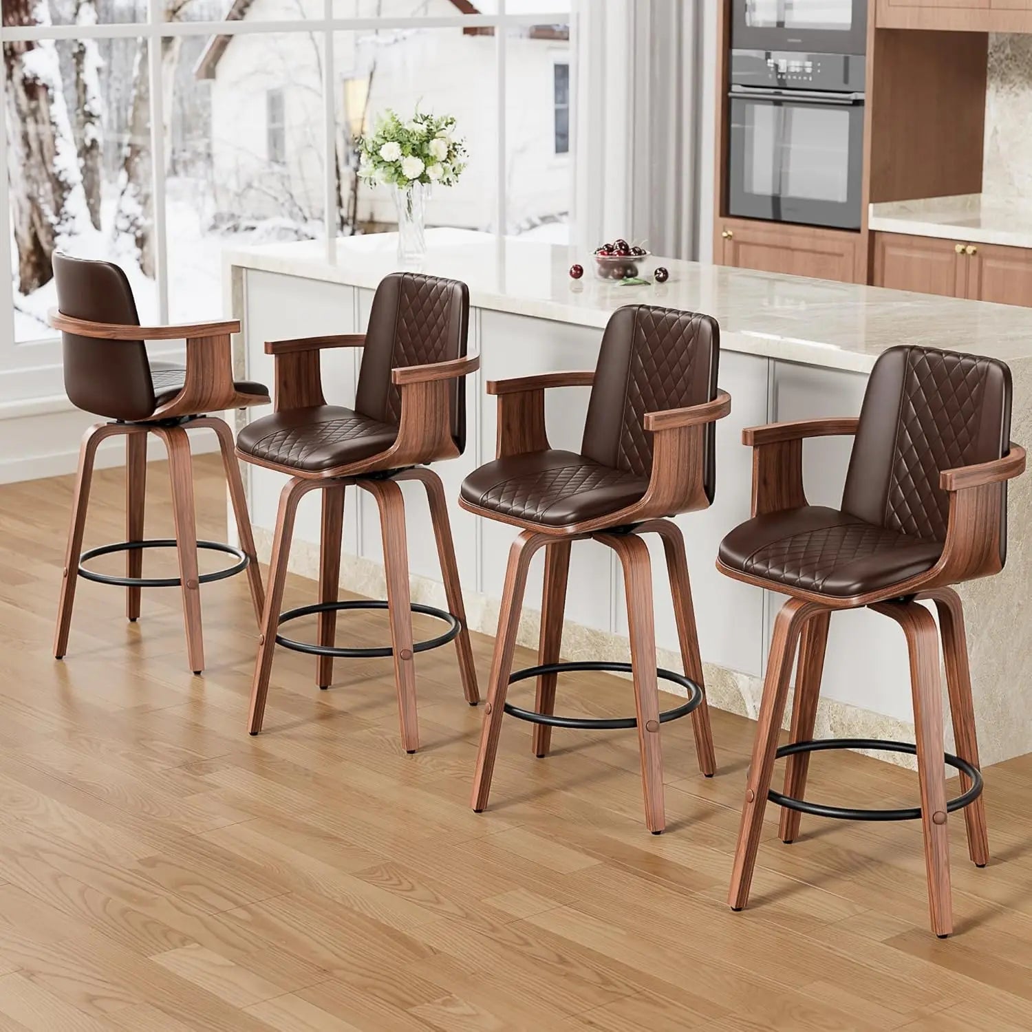 Mid-Century Bentwood Bar Stools — Set of 4 with Arms & Swivel