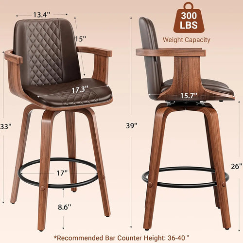 Mid-Century Bentwood Bar Stools — Set of 4 with Arms & Swivel