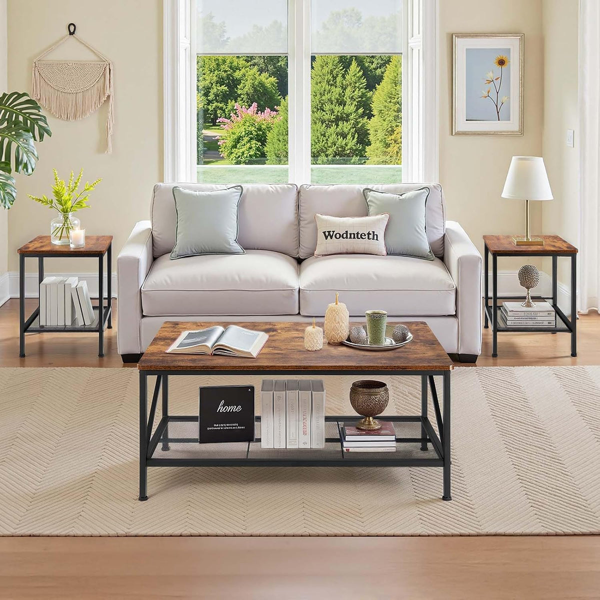 3 Pieces Living Room Table Sets, 41.3 in Industrial Coffee Table with 2 Square End Side Tables, Easy Assembly Coffee and End Tables Sets with Metal Legs, for Office, Living Room & Apartment