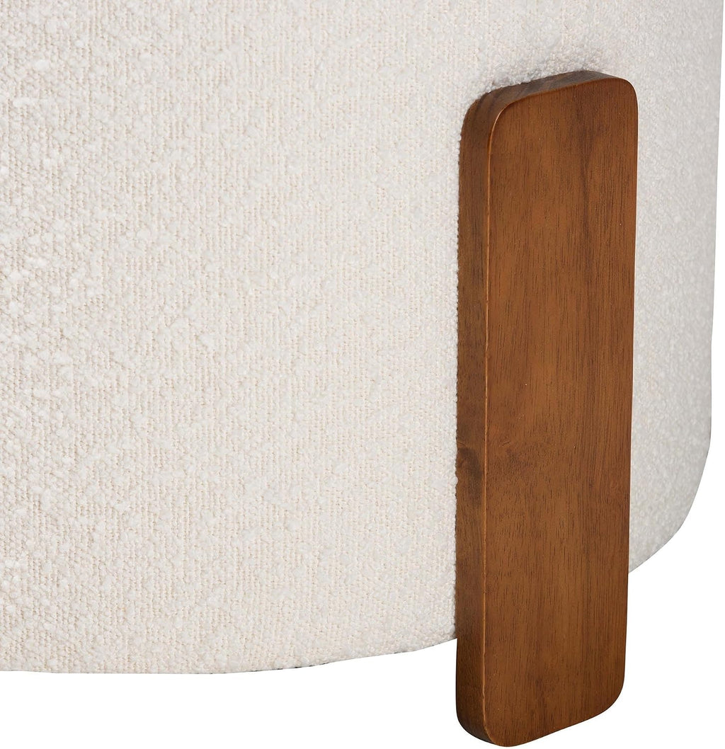 Finlay Modern Japandi Cream Boucle Fabric and Walnut Brown Finished Wood Ottoman Footstool